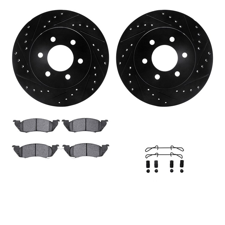 8312-40057 Drilled/Slotted Brake Rotors with 3000-Series Ceramic Brake Pads Kit & Hardware [Black], 1997-1998 Mopar, Position: F