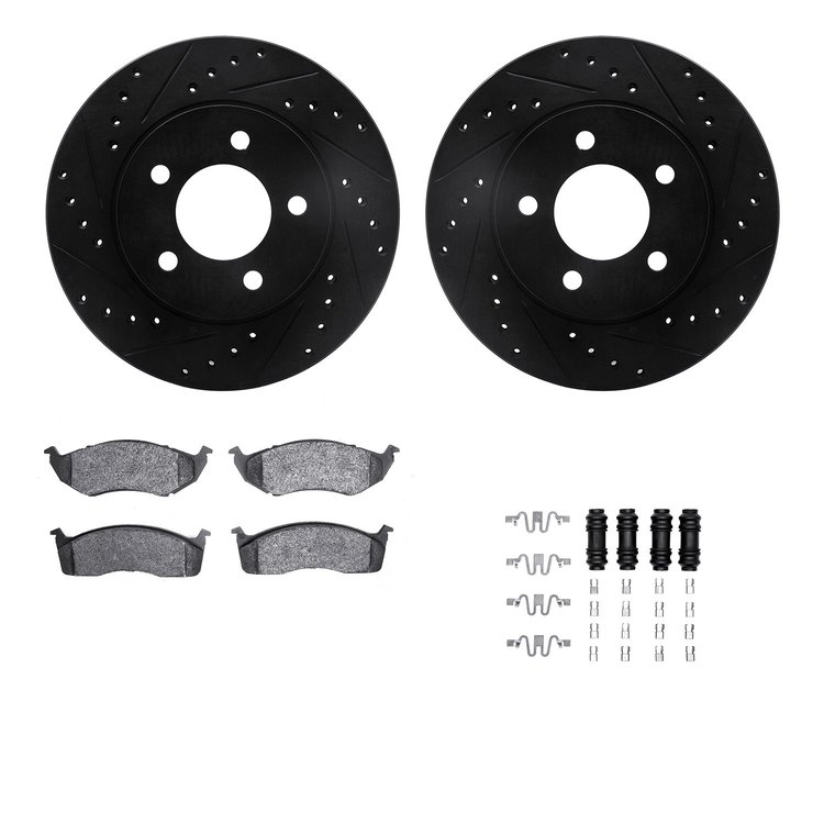 8312-40058 Drilled/Slotted Brake Rotors with 3000-Series Ceramic Brake Pads Kit & Hardware [Black], 1993-1997 Mopar, Position: F