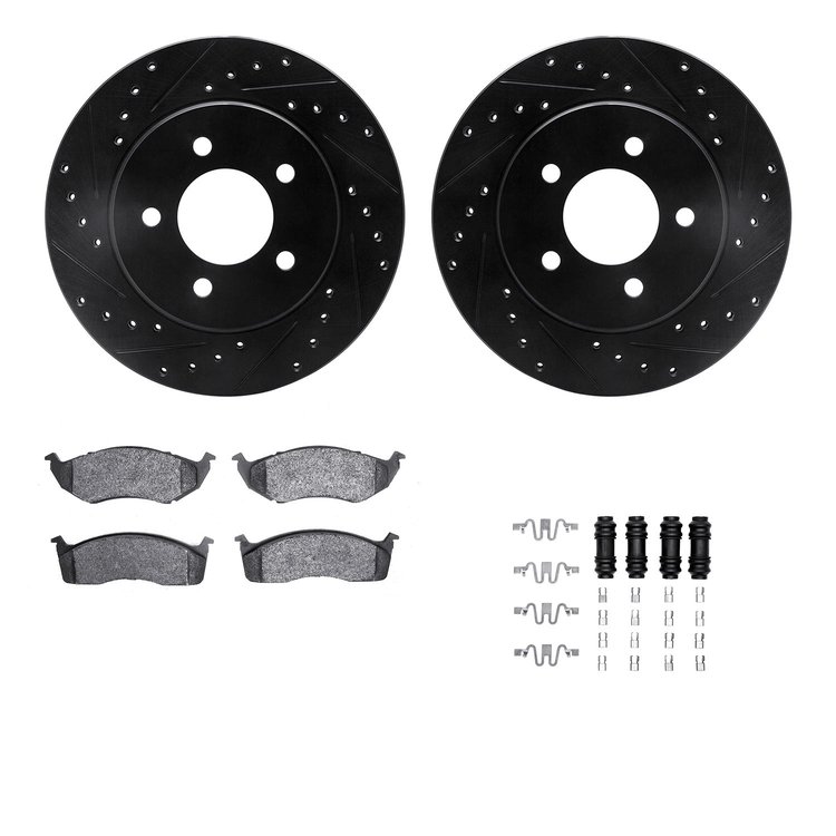 8312-40060 Drilled/Slotted Brake Rotors with 3000-Series Ceramic Brake Pads Kit & Hardware [Black], 1996-2002 Mopar, Position: F