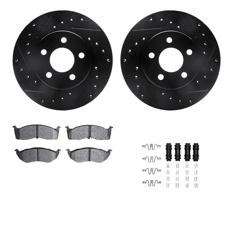8312-40063 Drilled/Slotted Brake Rotors with 3000-Series Ceramic Brake Pads Kit & Hardware [Black], 1995-1999 Mopar, Position: F