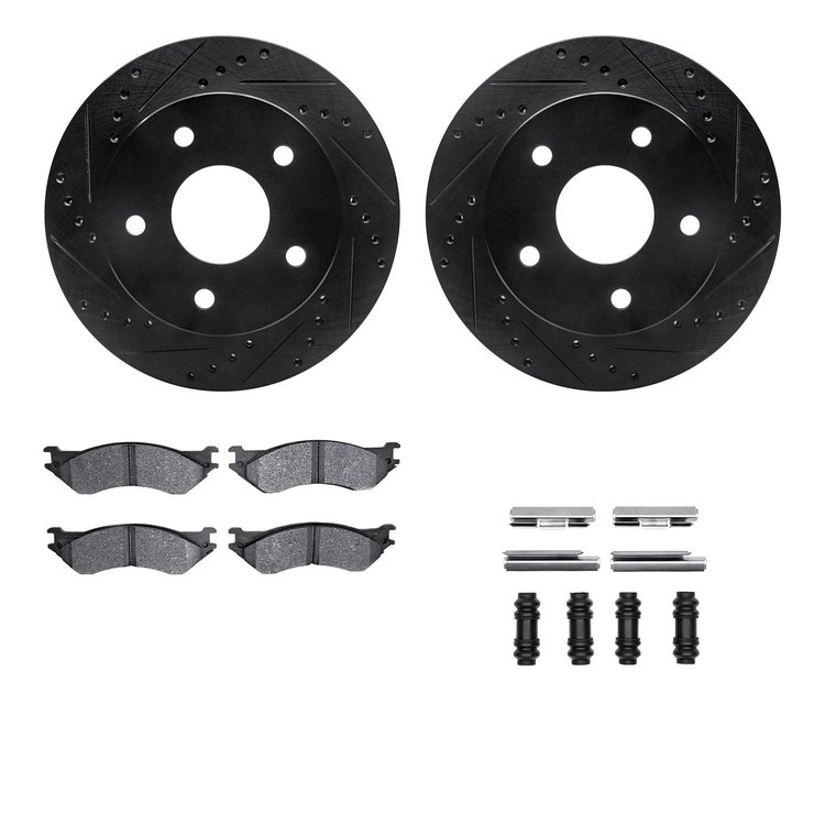 8312-40066 Drilled/Slotted Brake Rotors with 3000-Series Ceramic Brake Pads Kit & Hardware [Black], 2000-2001 Mopar, Position: F