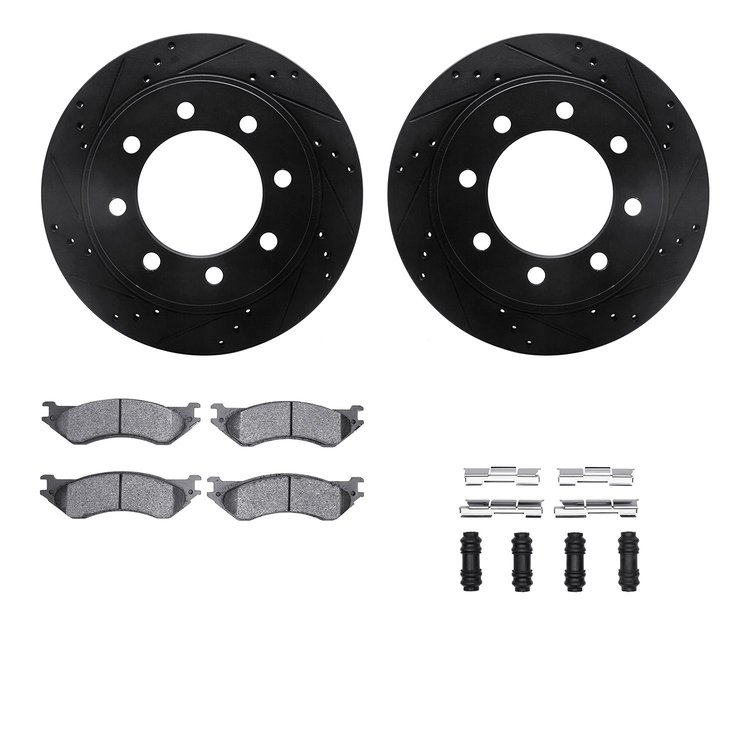 8312-40070 Drilled/Slotted Brake Rotors with 3000-Series Ceramic Brake Pads Kit & Hardware [Black], 2003-2008 Mopar, Position: R