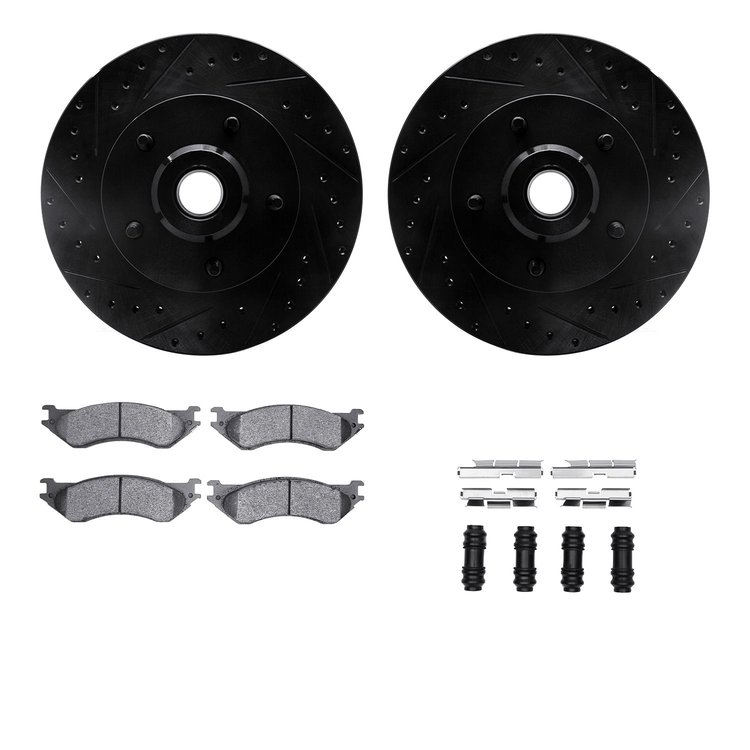8312-40071 Drilled/Slotted Brake Rotors with 3000-Series Ceramic Brake Pads Kit & Hardware [Black], 2003-2003 Mopar, Position: F