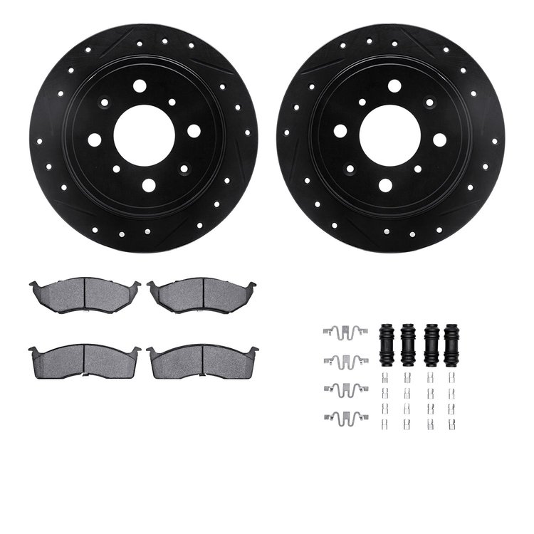 8312-40073 Drilled/Slotted Brake Rotors with 3000-Series Ceramic Brake Pads Kit & Hardware [Black], 1998-2000 Mopar, Position: F