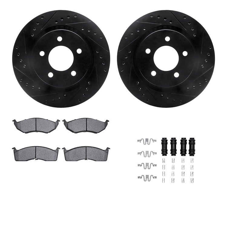 8312-40075 Drilled/Slotted Brake Rotors with 3000-Series Ceramic Brake Pads Kit & Hardware [Black], 1999-2004 Mopar, Position: F