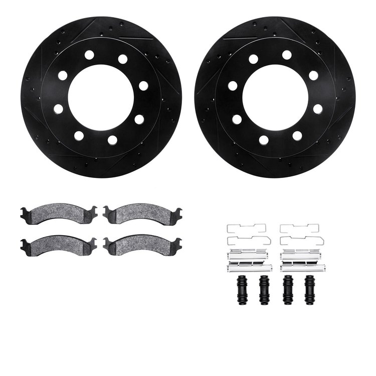 8312-40078 Drilled/Slotted Brake Rotors with 3000-Series Ceramic Brake Pads Kit & Hardware [Black], 2000-2002 Mopar, Position: F