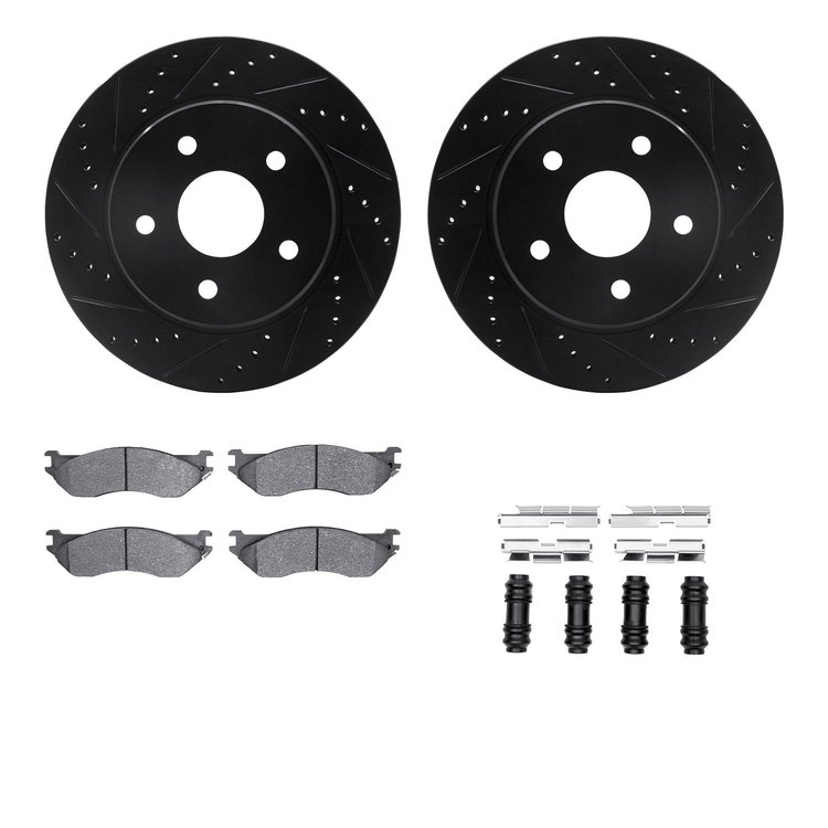 8312-40082 Drilled/Slotted Brake Rotors with 3000-Series Ceramic Brake Pads Kit & Hardware [Black], 2002-2006 Mopar, Position: F
