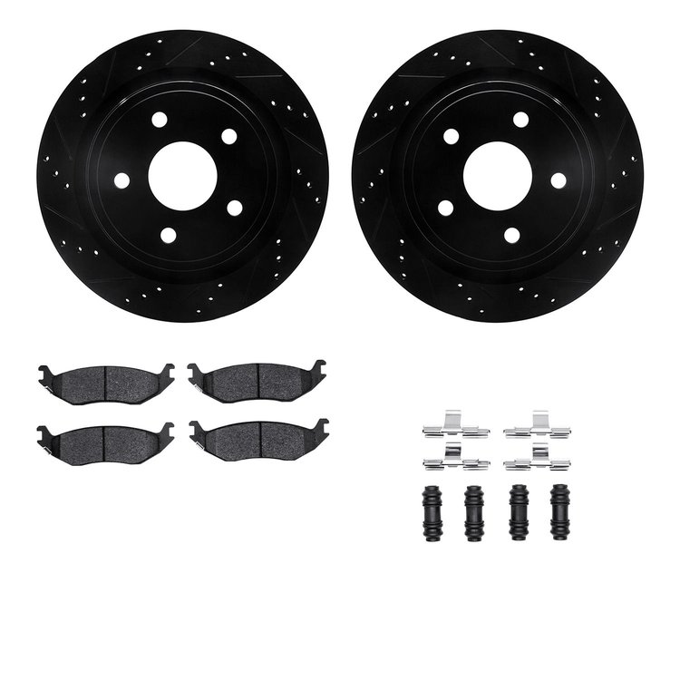 8312-40083 Drilled/Slotted Brake Rotors with 3000-Series Ceramic Brake Pads Kit & Hardware [Black], 2002-2018 Mopar, Position: R