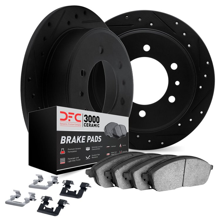 8312-40087 Drilled/Slotted Brake Rotors with 3000-Series Ceramic Brake Pads Kit & Hardware [Black], 2003-2004 Mopar, Position: R