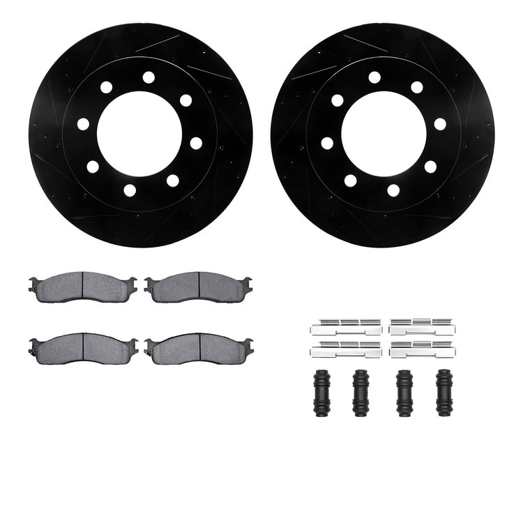 8312-40088 Drilled/Slotted Brake Rotors with 3000-Series Ceramic Brake Pads Kit & Hardware [Black], 2003-2008 Mopar, Position: F