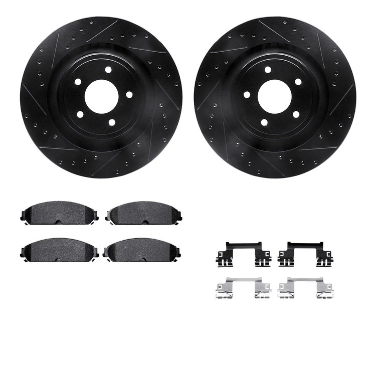 8312-40089 Drilled/Slotted Brake Rotors with 3000-Series Ceramic Brake Pads Kit & Hardware [Black], 2008-2014 Mopar, Position: F