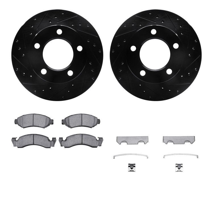 8312-42003 Drilled/Slotted Brake Rotors with 3000-Series Ceramic Brake Pads Kit & Hardware [Black], 1976-1978 Mopar, Position: F