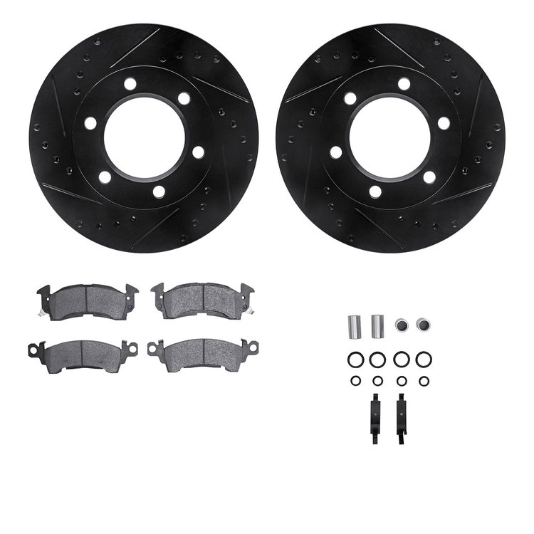 8312-42004 Drilled/Slotted Brake Rotors with 3000-Series Ceramic Brake Pads Kit & Hardware [Black], 1971-1973 GM, Position: Fron