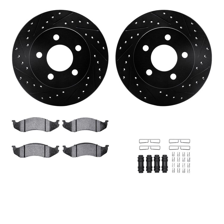 8312-42015 Drilled/Slotted Brake Rotors with 3000-Series Ceramic Brake Pads Kit & Hardware [Black], 1990-1999 Mopar, Position: F