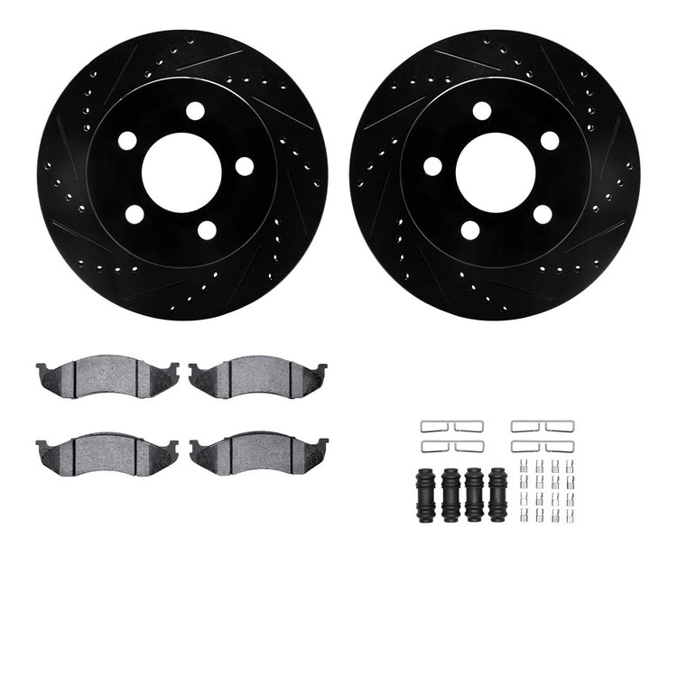 8312-42016 Drilled/Slotted Brake Rotors with 3000-Series Ceramic Brake Pads Kit & Hardware [Black], 1999-2006 Mopar, Position: F