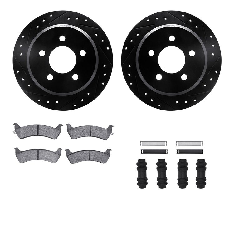 8312-42017 Drilled/Slotted Brake Rotors with 3000-Series Ceramic Brake Pads Kit & Hardware [Black], 1993-1994 Mopar, Position: R