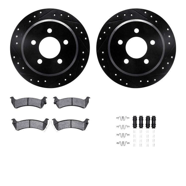 8312-42018 Drilled/Slotted Brake Rotors with 3000-Series Ceramic Brake Pads Kit & Hardware [Black], 1993-1998 Mopar, Position: R