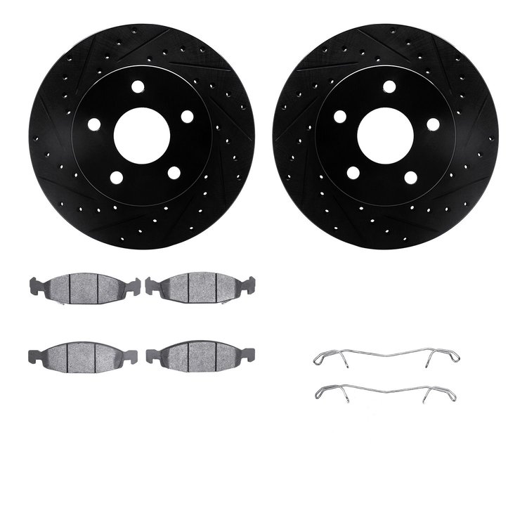 8312-42019 Drilled/Slotted Brake Rotors with 3000-Series Ceramic Brake Pads Kit & Hardware [Black], 1999-2002 Mopar, Position: F