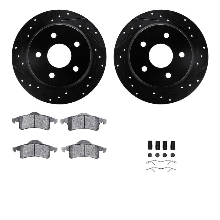 8312-42020 Drilled/Slotted Brake Rotors with 3000-Series Ceramic Brake Pads Kit & Hardware [Black], 1999-2004 Mopar, Position: R