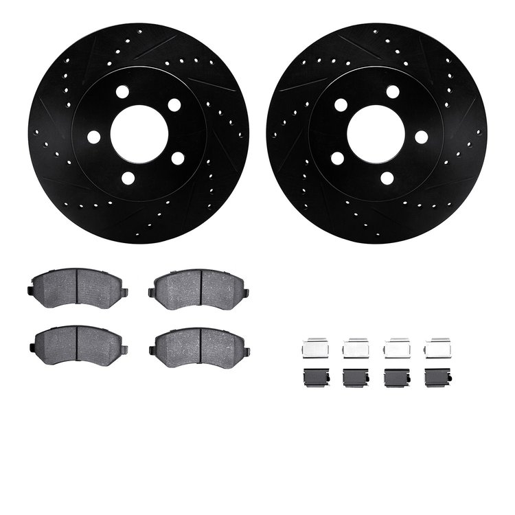 8312-42021 Drilled/Slotted Brake Rotors with 3000-Series Ceramic Brake Pads Kit & Hardware [Black], 2002-2007 Mopar, Position: F