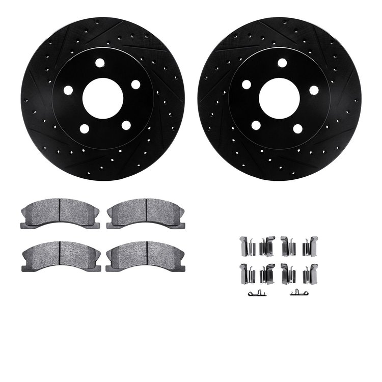 8312-42022 Drilled/Slotted Brake Rotors with 3000-Series Ceramic Brake Pads Kit & Hardware [Black], 1999-2004 Mopar, Position: F