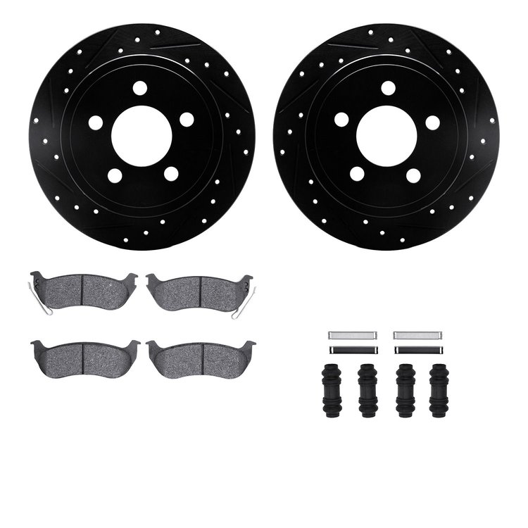 8312-42023 Drilled/Slotted Brake Rotors with 3000-Series Ceramic Brake Pads Kit & Hardware [Black], 2003-2007 Mopar, Position: R