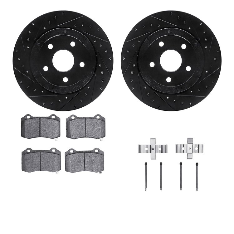 8312-42024 Drilled/Slotted Brake Rotors with 3000-Series Ceramic Brake Pads Kit & Hardware [Black], 2006-2010 Mopar, Position: R