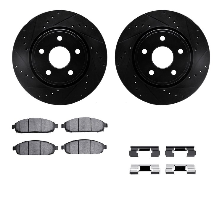 8312-42026 Drilled/Slotted Brake Rotors with 3000-Series Ceramic Brake Pads Kit & Hardware [Black], 2005-2010 Mopar, Position: F