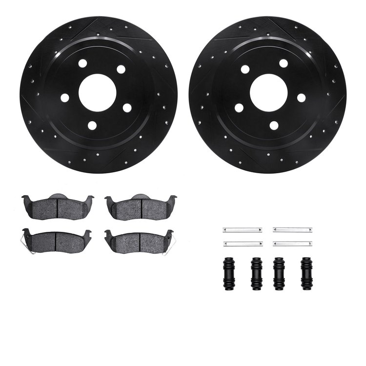 8312-42028 Drilled/Slotted Brake Rotors with 3000-Series Ceramic Brake Pads Kit & Hardware [Black], 2005-2010 Mopar, Position: R
