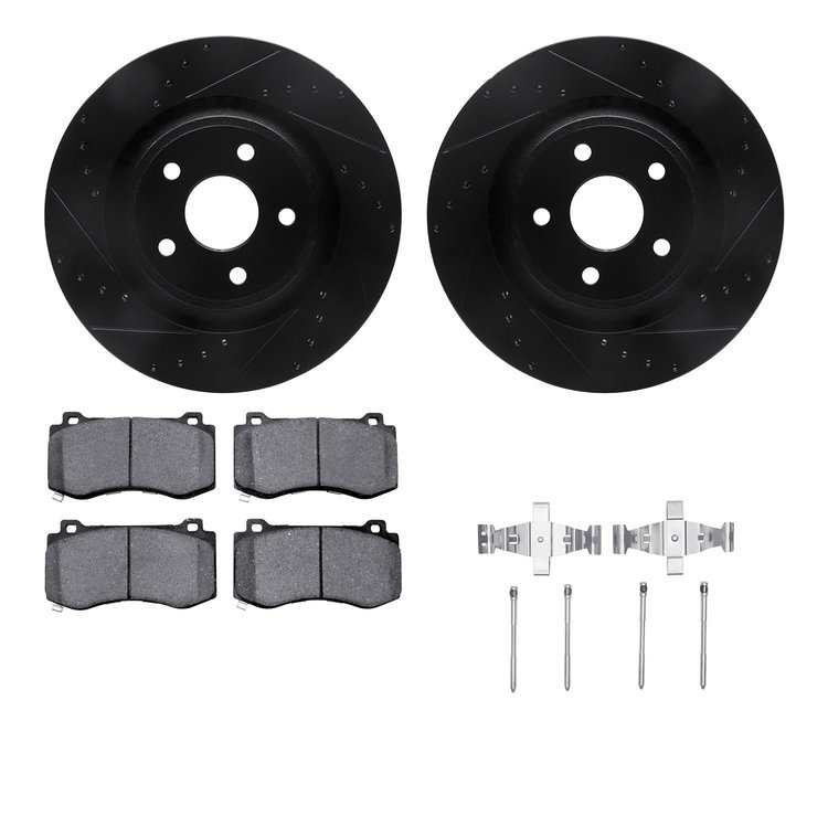 8312-42029 Drilled/Slotted Brake Rotors with 3000-Series Ceramic Brake Pads Kit & Hardware [Black], 2006-2010 Mopar, Position: F