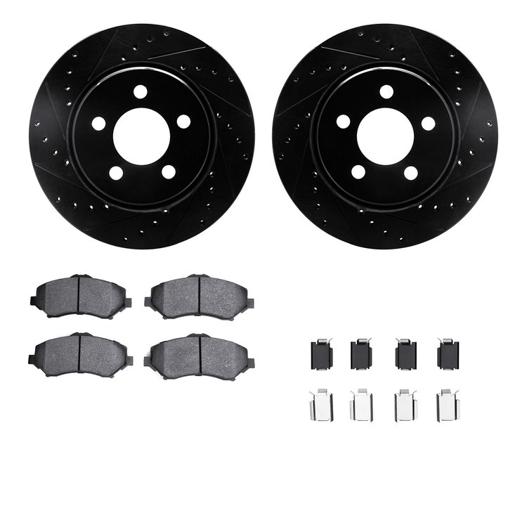 8312-42030 Drilled/Slotted Brake Rotors with 3000-Series Ceramic Brake Pads Kit & Hardware [Black], 2007-2012 Mopar, Position: F