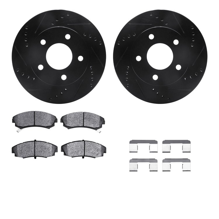 8312-45008 Drilled/Slotted Brake Rotors with 3000-Series Ceramic Brake Pads Kit & Hardware [Black], 1986-1992 GM, Position: Fron