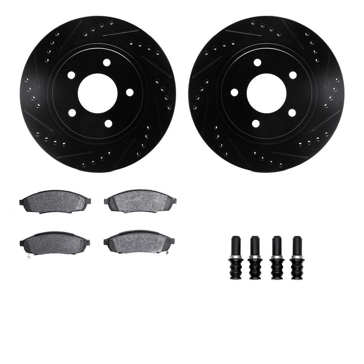8312-45009 Drilled/Slotted Brake Rotors with 3000-Series Ceramic Brake Pads Kit & Hardware [Black], 1994-2001 GM, Position: Fron