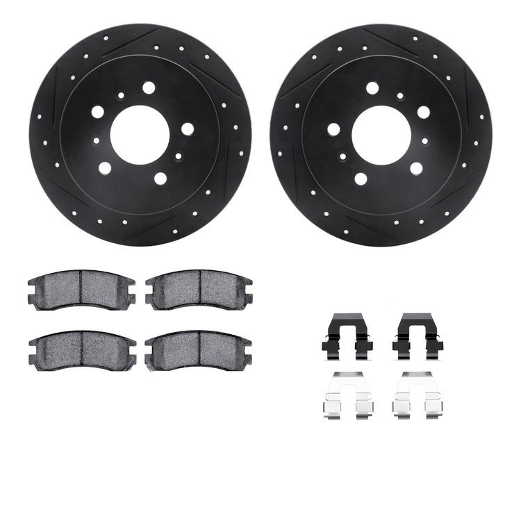 8312-45011 Drilled/Slotted Brake Rotors with 3000-Series Ceramic Brake Pads Kit & Hardware [Black], 2006-2010 GM, Position: Rear
