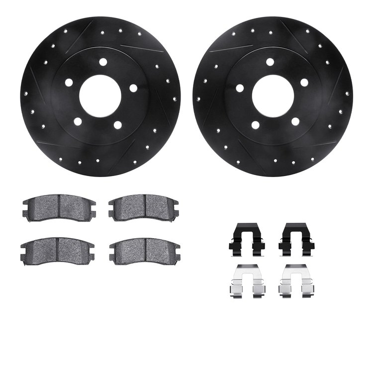 8312-45013 Drilled/Slotted Brake Rotors with 3000-Series Ceramic Brake Pads Kit & Hardware [Black], 1994-1999 GM, Position: Rear