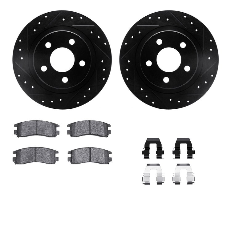 8312-45014 Drilled/Slotted Brake Rotors with 3000-Series Ceramic Brake Pads Kit & Hardware [Black], 2000-2005 GM, Position: Rear