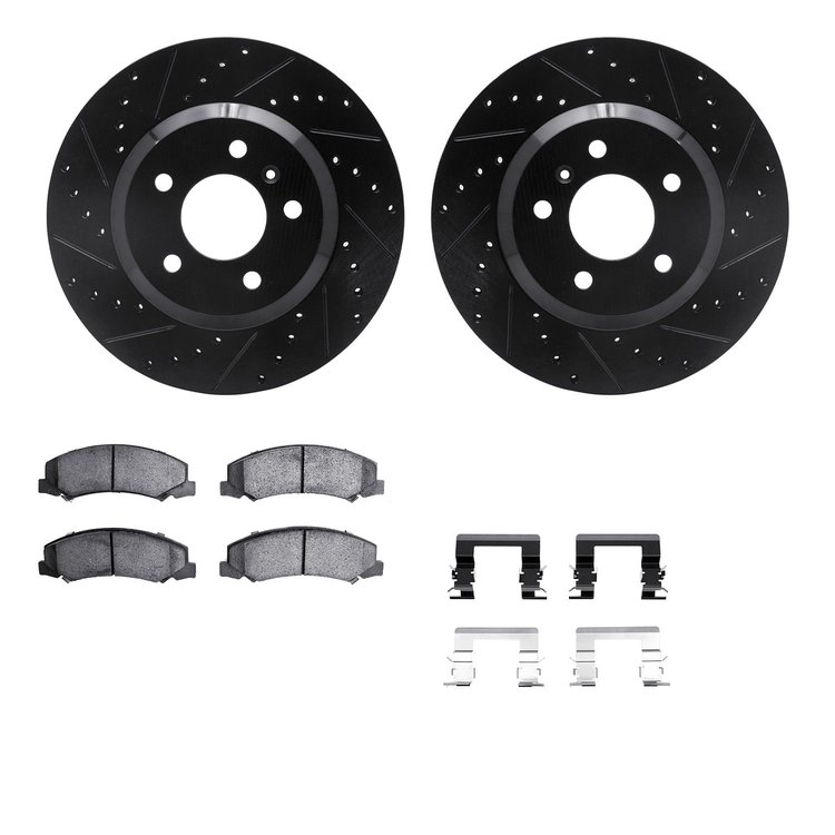 8312-45023 Drilled/Slotted Brake Rotors with 3000-Series Ceramic Brake Pads Kit & Hardware [Black], 2006-2016 GM, Position: Fron