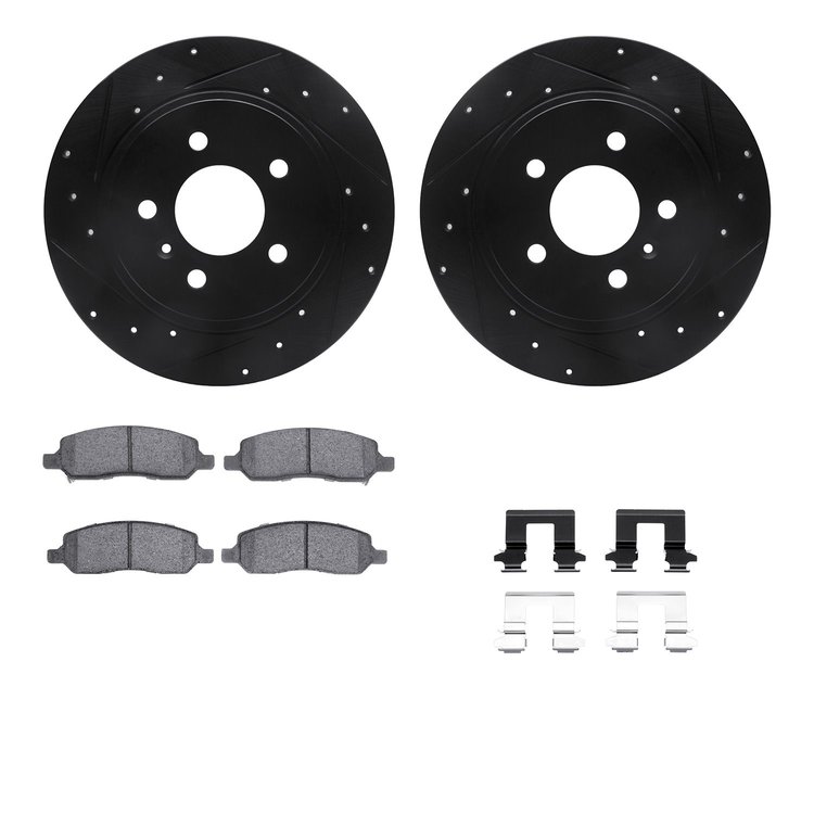 8312-45024 Drilled/Slotted Brake Rotors with 3000-Series Ceramic Brake Pads Kit & Hardware [Black], 2006-2011 GM, Position: Rear