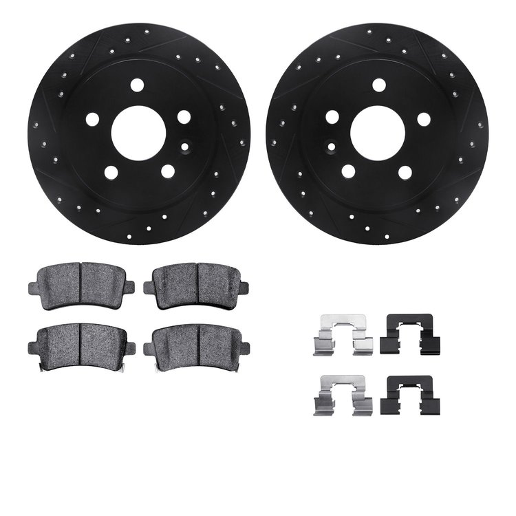 8312-45026 Drilled/Slotted Brake Rotors with 3000-Series Ceramic Brake Pads Kit & Hardware [Black], 2011-2016 GM, Position: Rear
