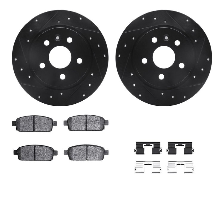 8312-45029 Drilled/Slotted Brake Rotors with 3000-Series Ceramic Brake Pads Kit & Hardware [Black], 2011-2018 GM, Position: Rear