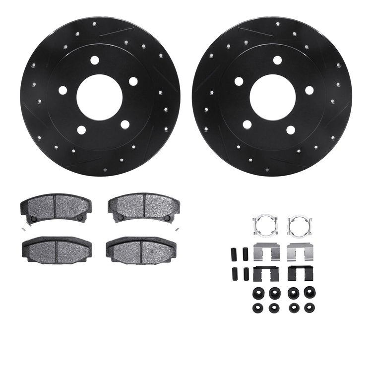 8312-46006 Drilled/Slotted Brake Rotors with 3000-Series Ceramic Brake Pads Kit & Hardware [Black], 1986-1992 GM, Position: Rear