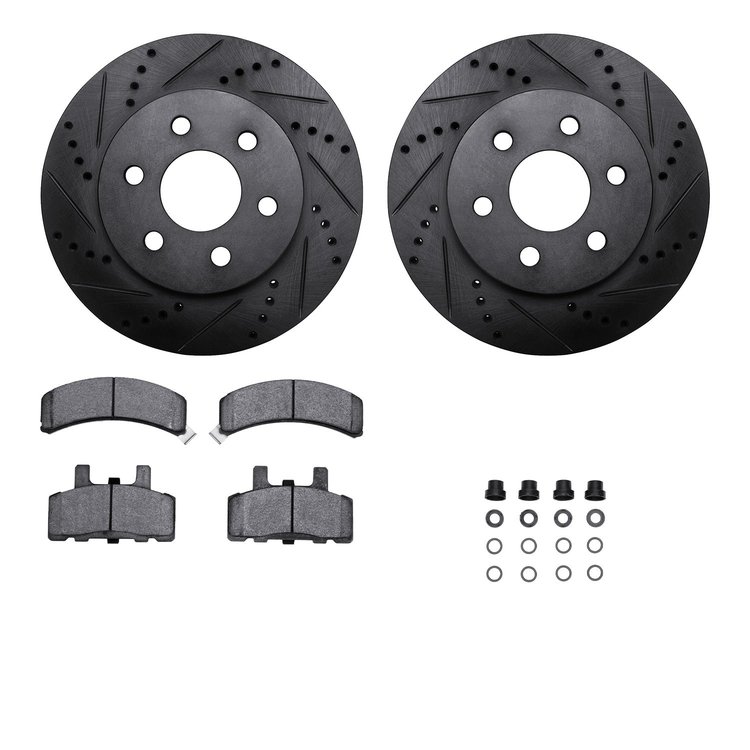 8312-46007 Drilled/Slotted Brake Rotors with 3000-Series Ceramic Brake Pads Kit & Hardware [Black], 1998-1999 GM, Position: Fron