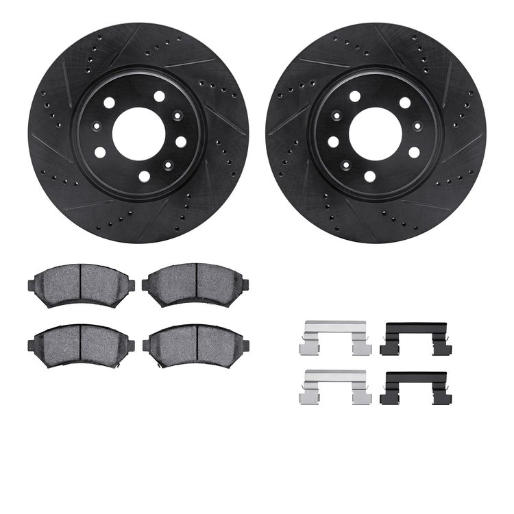8312-46008 Drilled/Slotted Brake Rotors with 3000-Series Ceramic Brake Pads Kit & Hardware [Black], 2004-2004 GM, Position: Fron