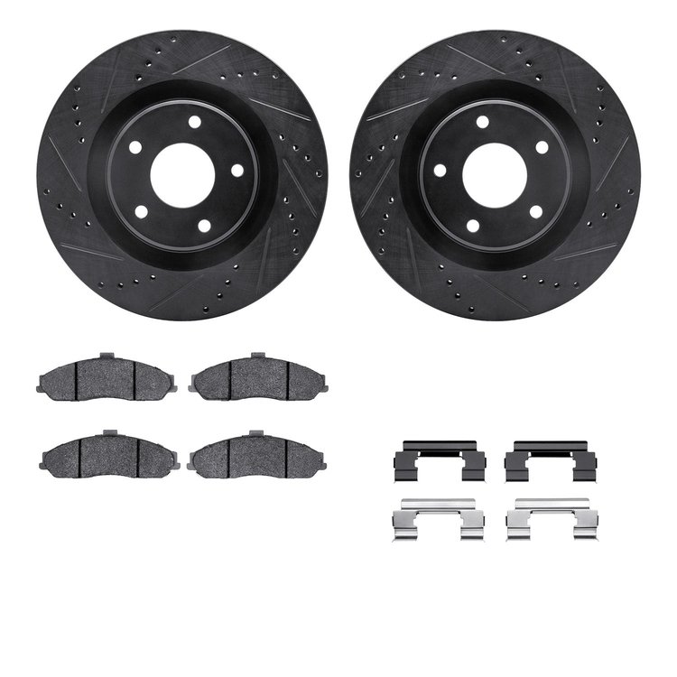 8312-46016 Drilled/Slotted Brake Rotors with 3000-Series Ceramic Brake Pads Kit & Hardware [Black], 2005-2009 GM, Position: Fron