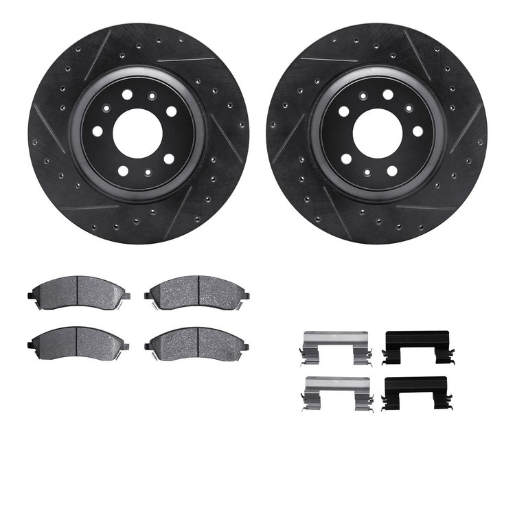 8312-46034 Drilled/Slotted Brake Rotors with 3000-Series Ceramic Brake Pads Kit & Hardware [Black], 2004-2008 GM, Position: Fron