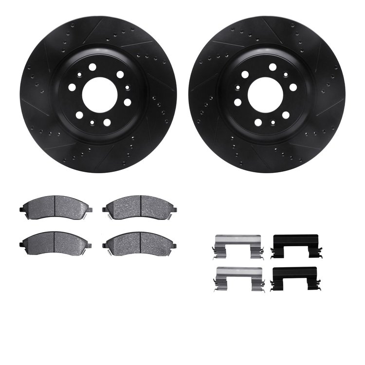 8312-46035 Drilled/Slotted Brake Rotors with 3000-Series Ceramic Brake Pads Kit & Hardware [Black], 2004-2009 GM, Position: Fron