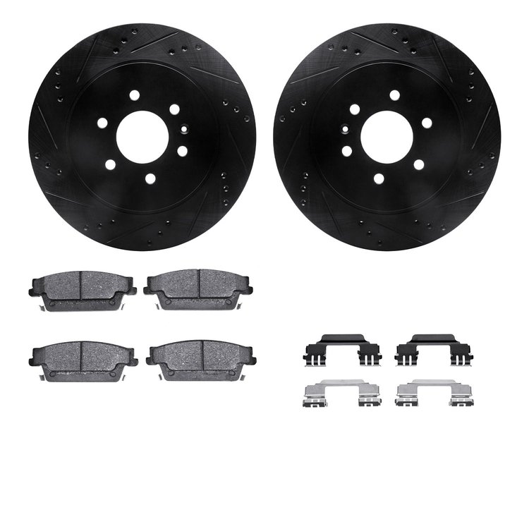 8312-46037 Drilled/Slotted Brake Rotors with 3000-Series Ceramic Brake Pads Kit & Hardware [Black], 2004-2009 GM, Position: Rear