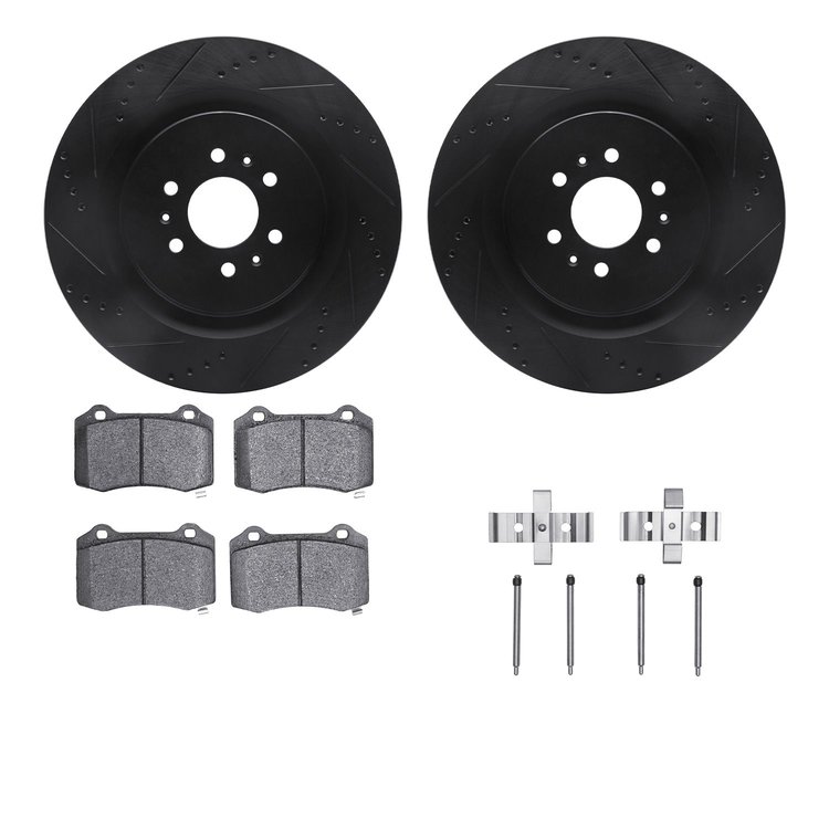 8312-46038 Drilled/Slotted Brake Rotors with 3000-Series Ceramic Brake Pads Kit & Hardware [Black], 2004-2011 GM, Position: Rear