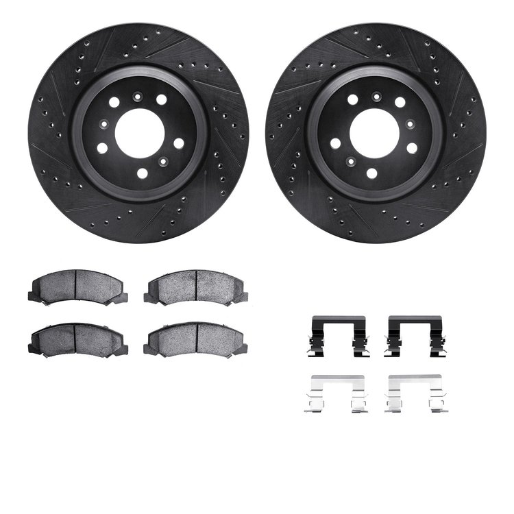 8312-46040 Drilled/Slotted Brake Rotors with 3000-Series Ceramic Brake Pads Kit & Hardware [Black], 2006-2016 GM, Position: Fron