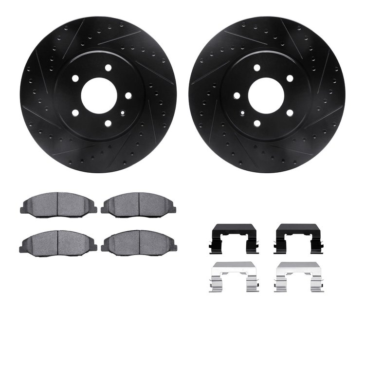 8312-46043 Drilled/Slotted Brake Rotors with 3000-Series Ceramic Brake Pads Kit & Hardware [Black], 2009-2011 GM, Position: Fron